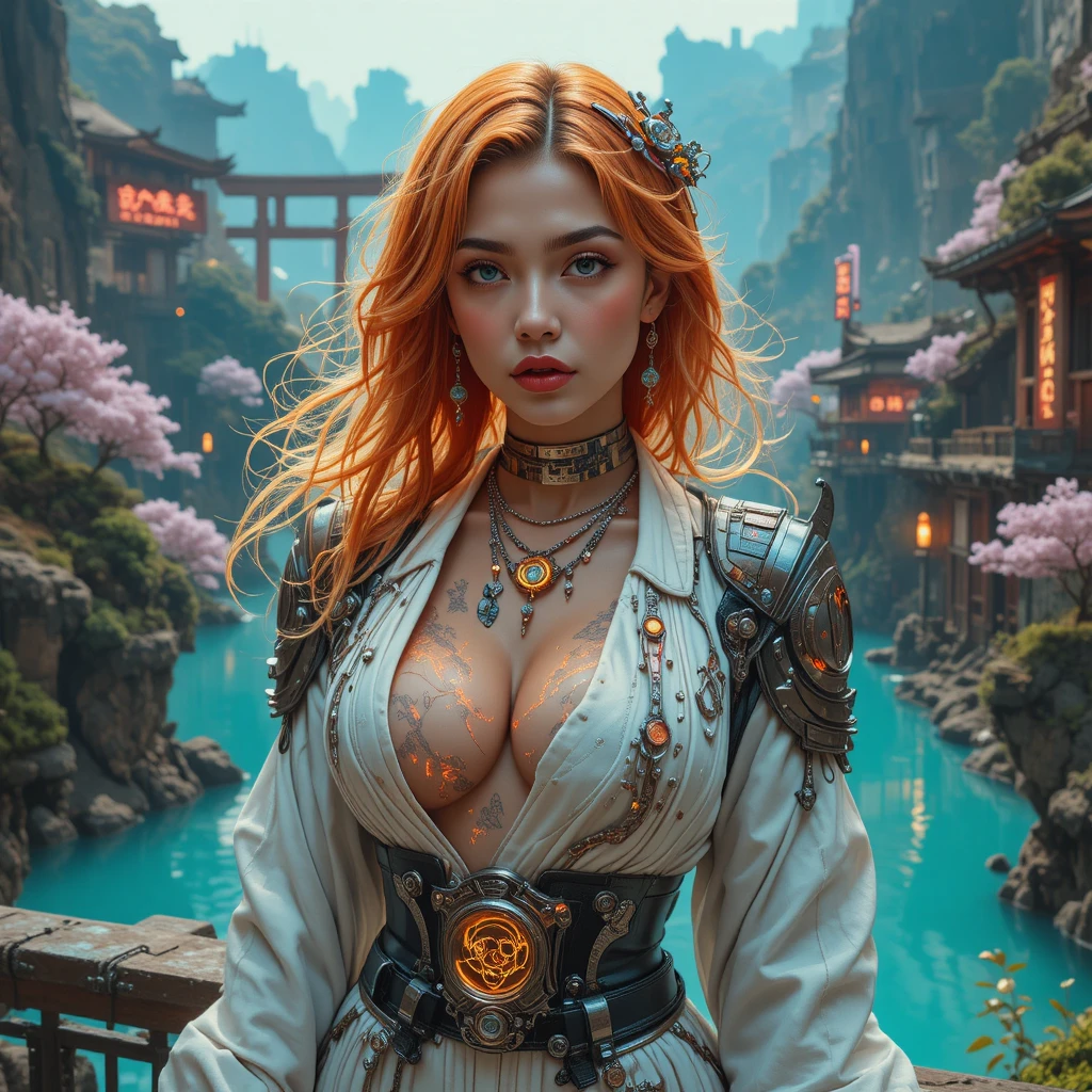 Retrato cinematográfico de enfermera cyberpunk junto a un lago turquesa en un cañón