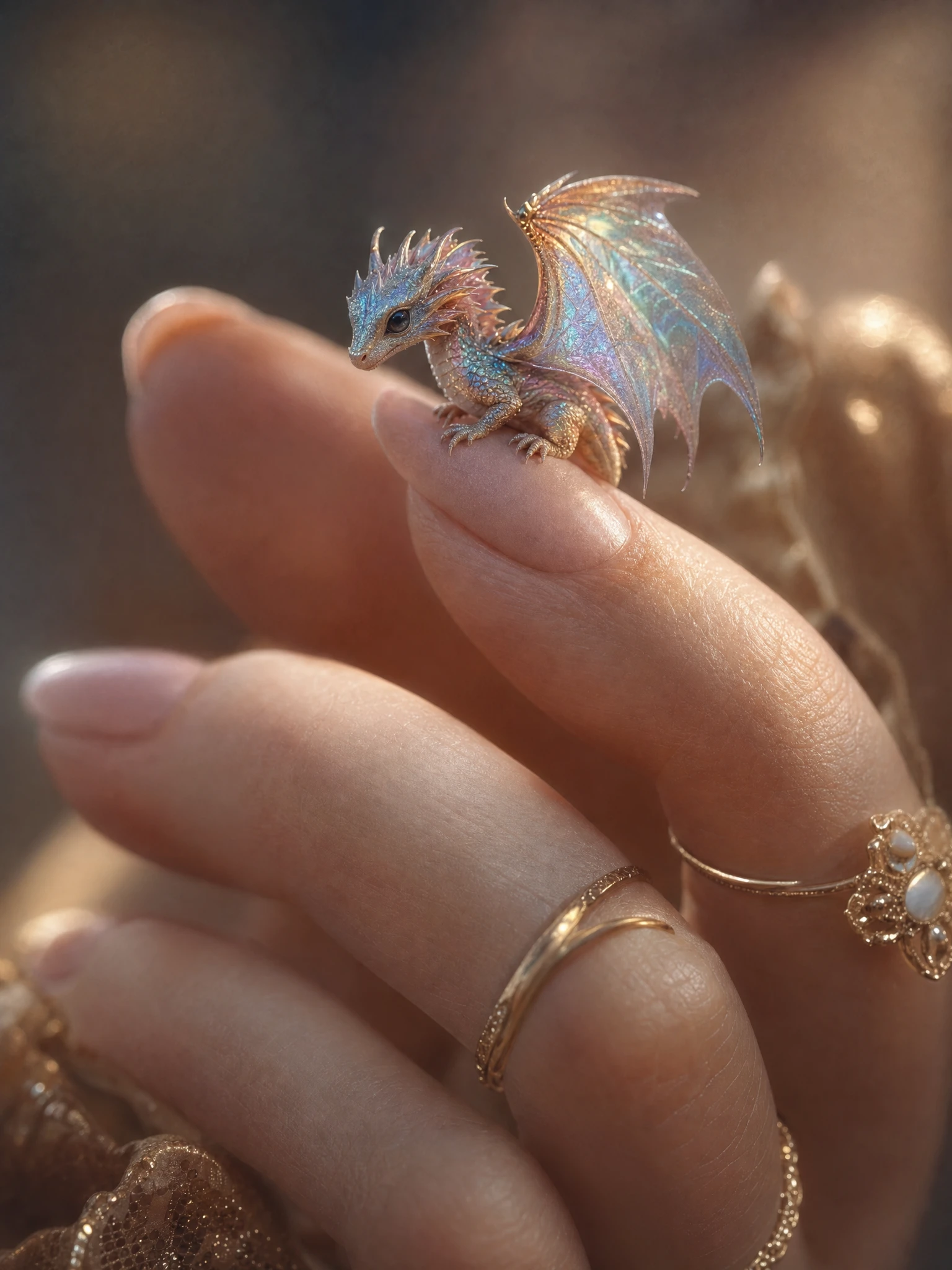 Tiny photorealistic dragon resting on a woman finger