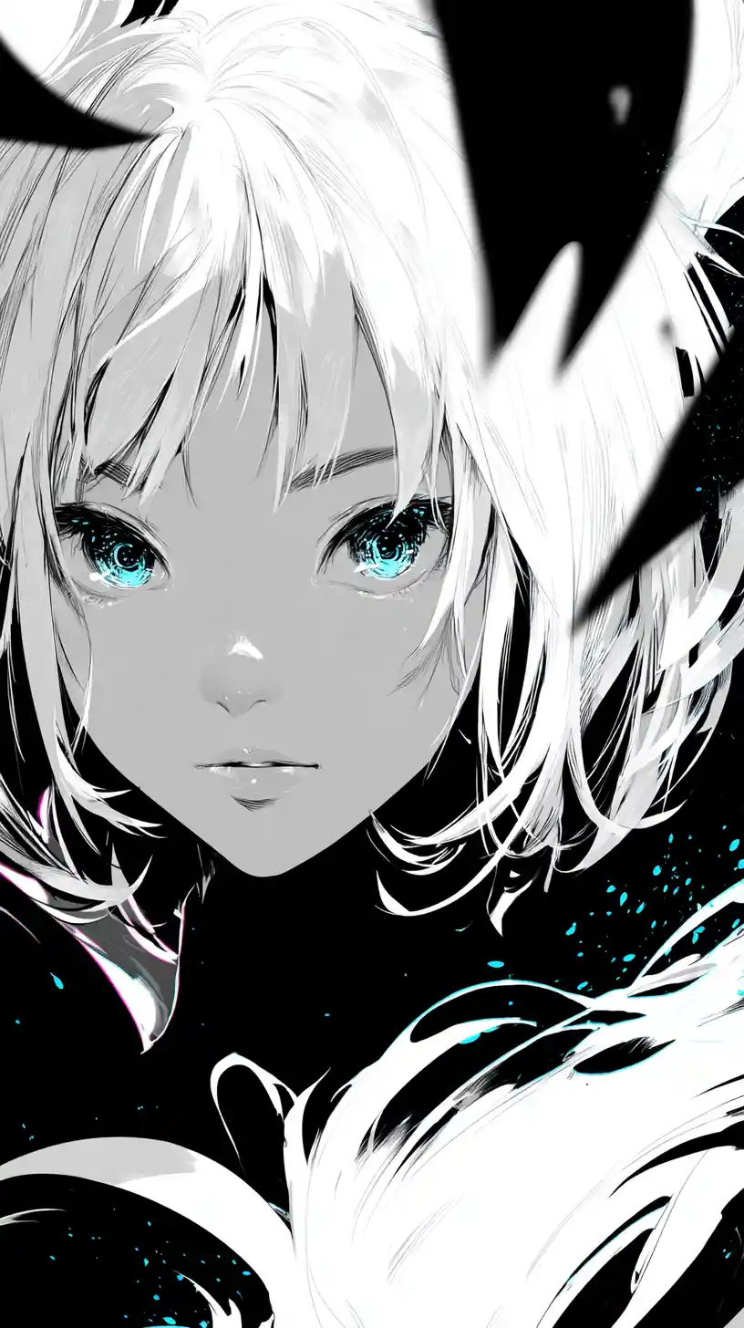 Anime girl with glowing blue eyes in abstract contrast