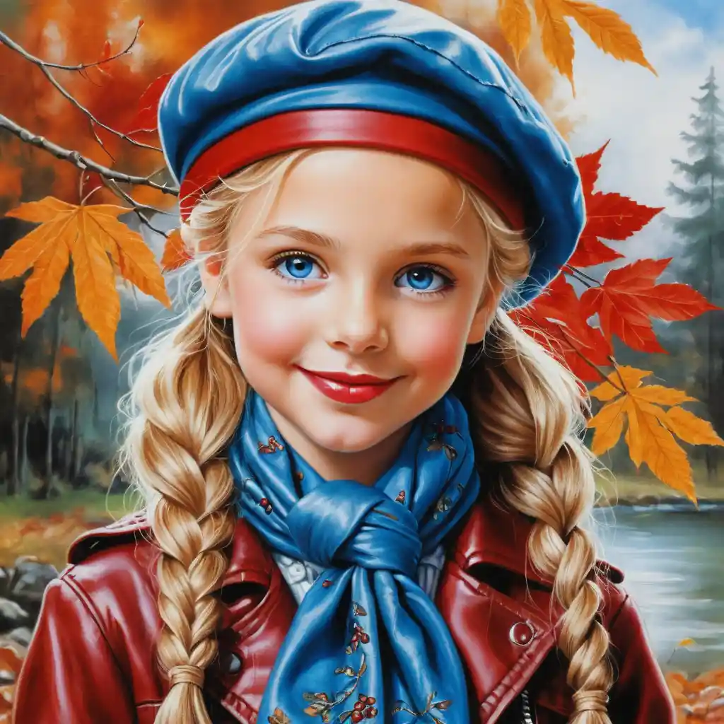 Smiling blonde girl in red beret on an autumn day
