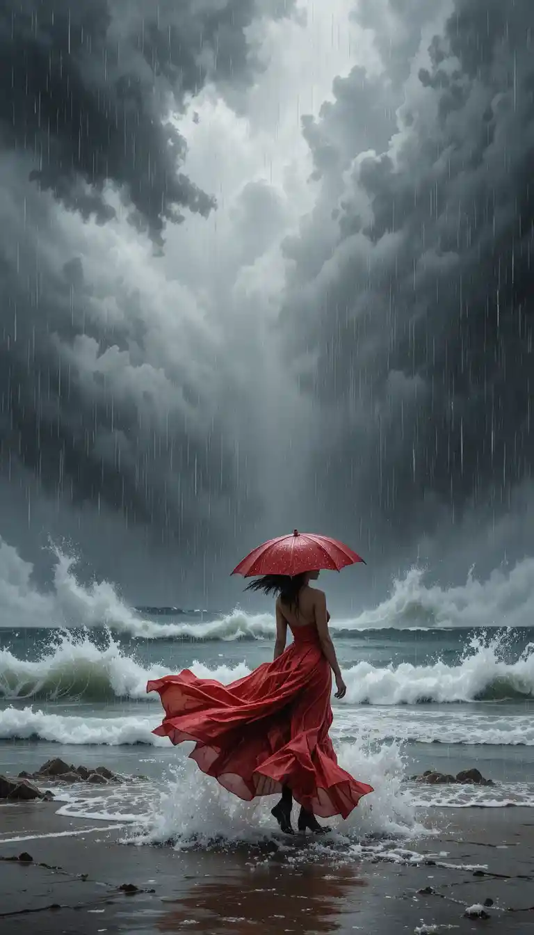 Stormy grey sea in heavy rain and strong wind