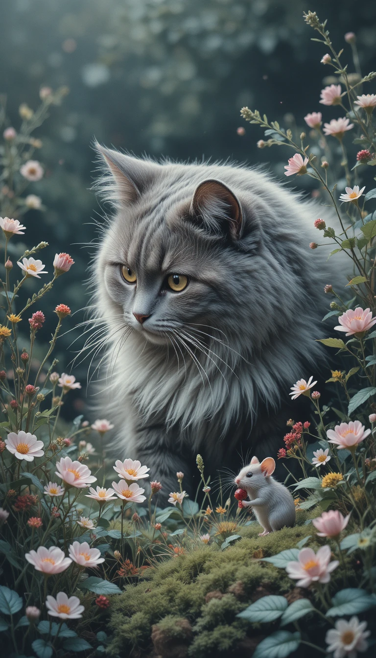 Fluffy gray cat hiding among grass in a minimal garden