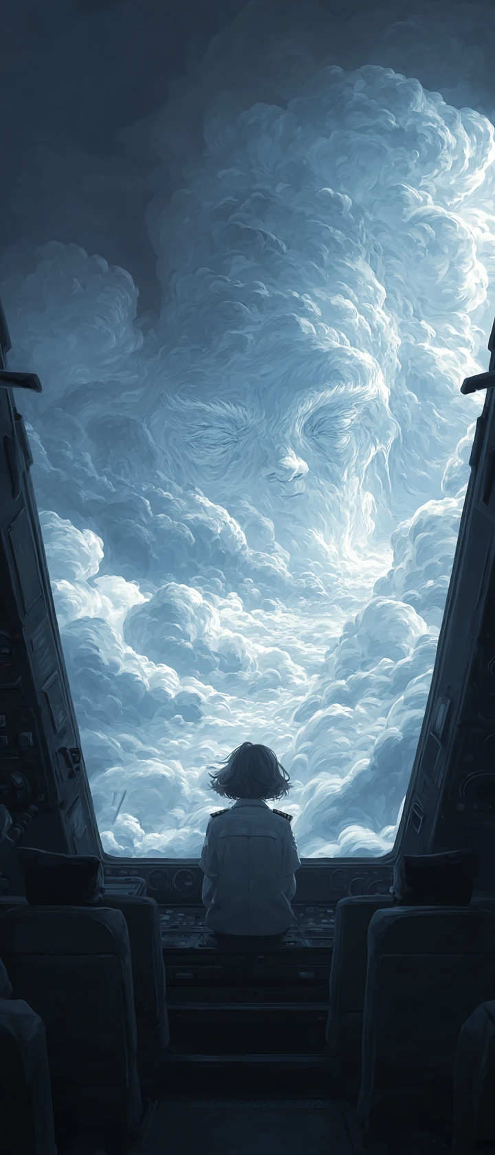 Anime pilot in cockpit facing crying face in clouds