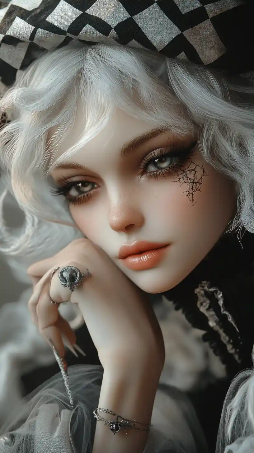 Melancholic gothic doll girl in harlequin costume portrait