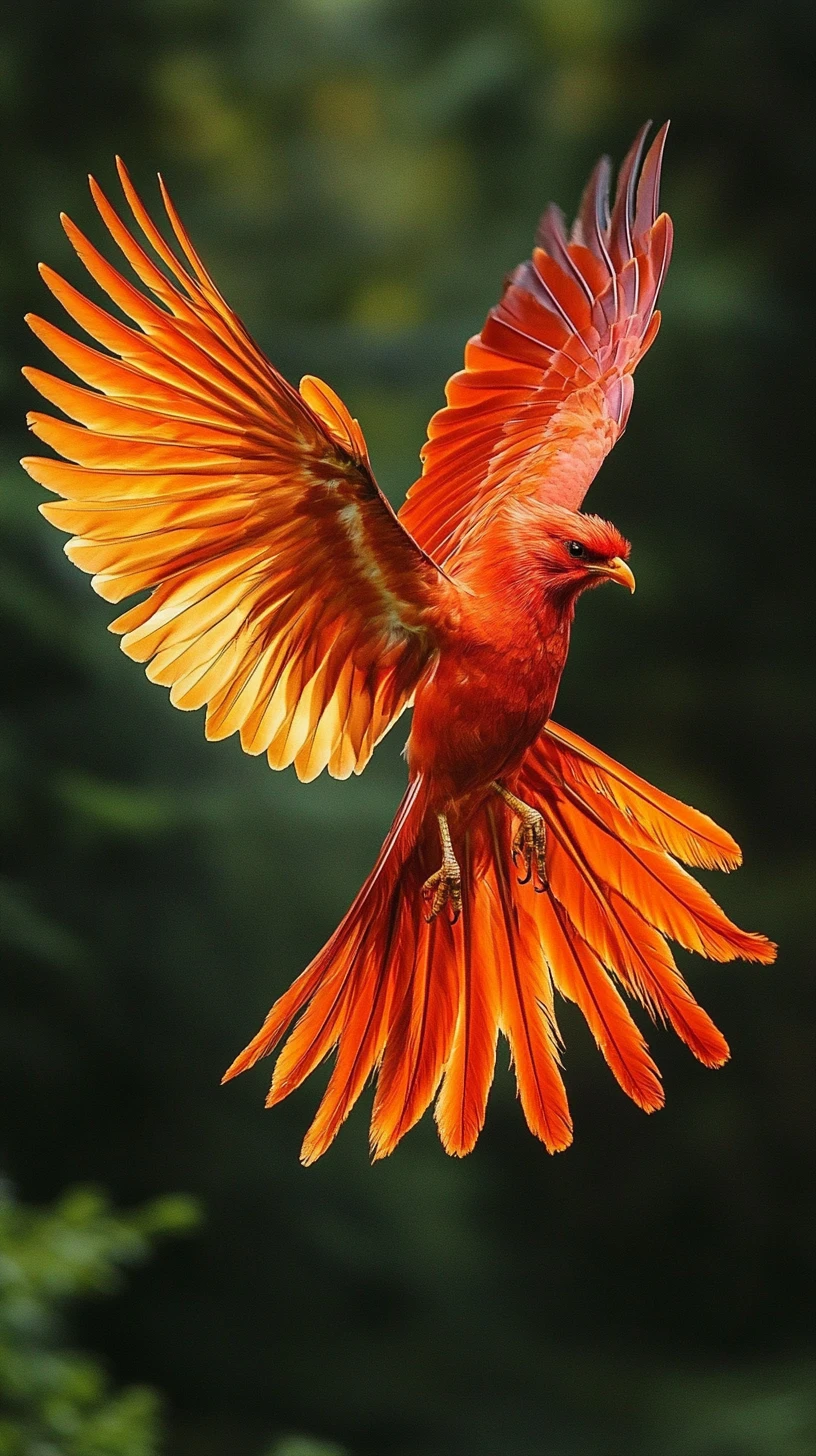 Flaming phoenix rising from the ruins of a burned house
