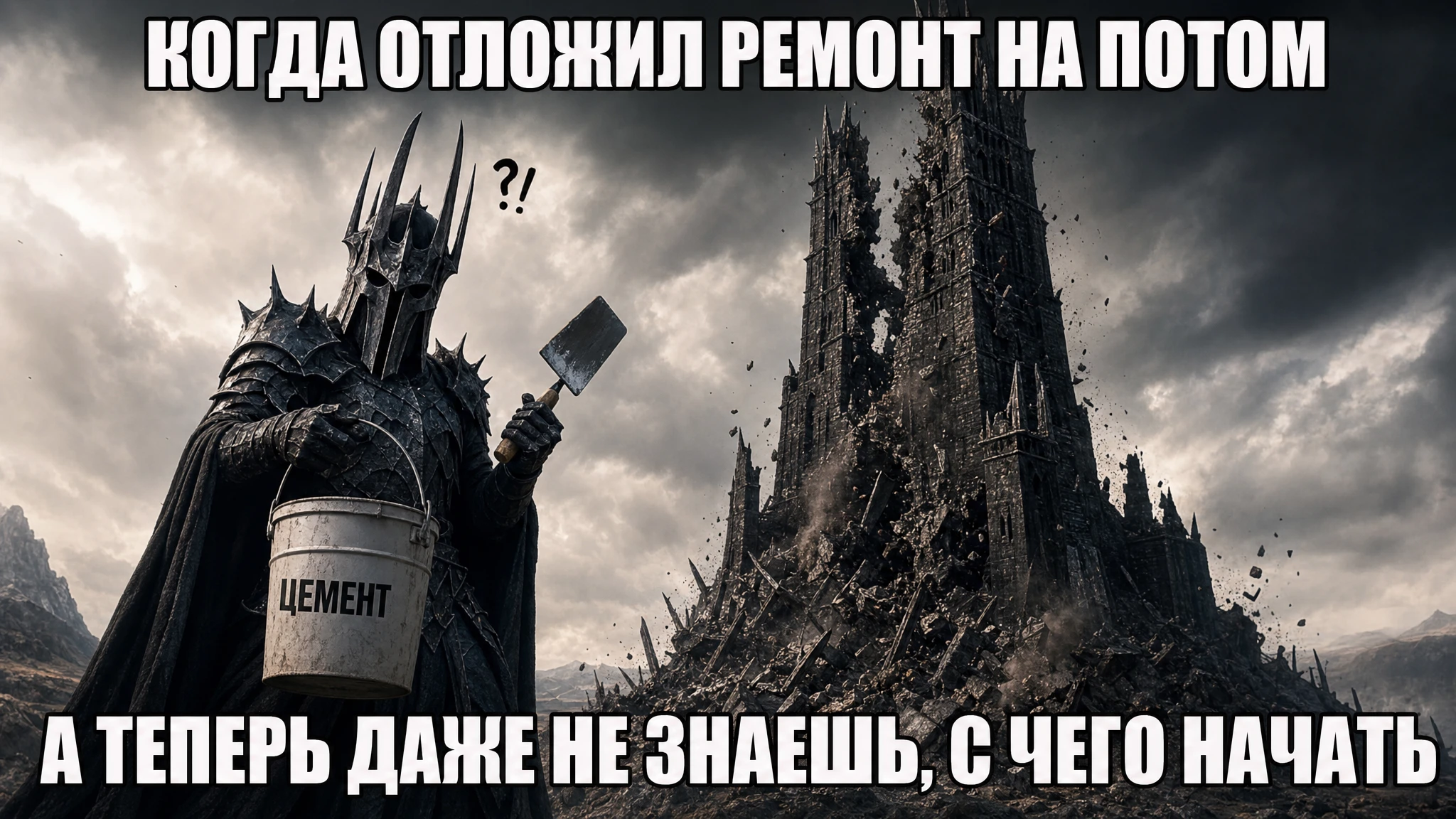 Humorous dark lord repairing a crumbling fantasy tower