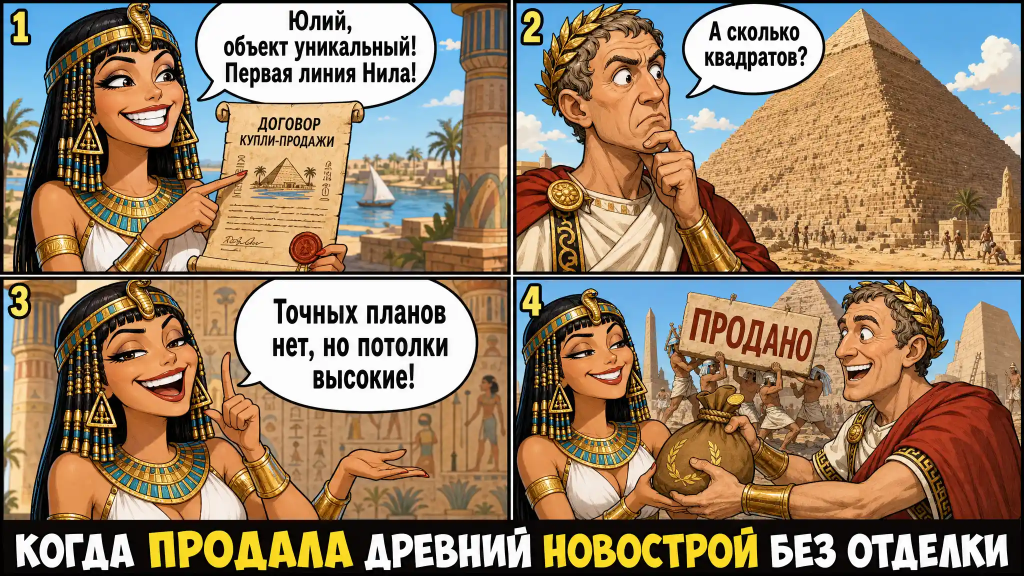 Humorous meme of Cleopatra selling the Great Pyramid to Caesar