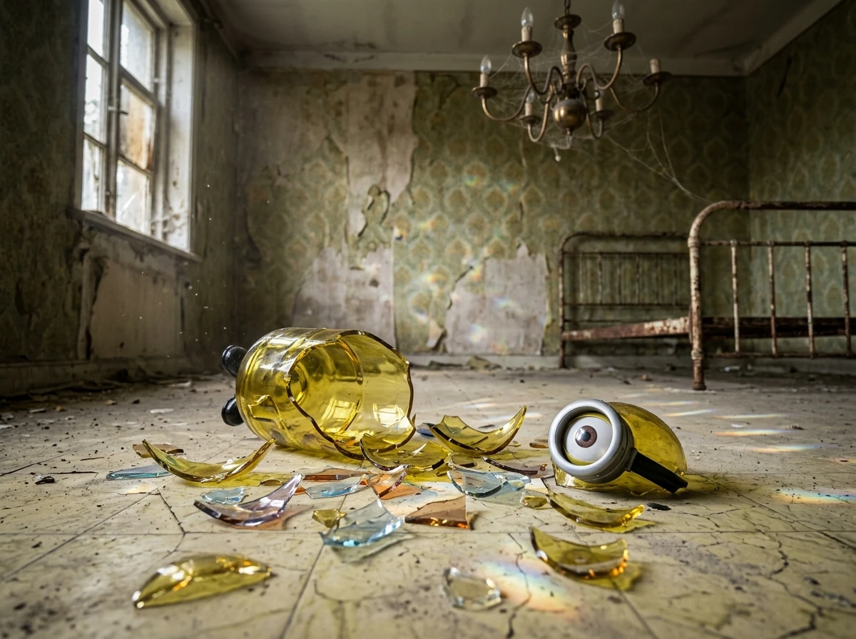Shattered glass toy fragments on a decaying hotel floor