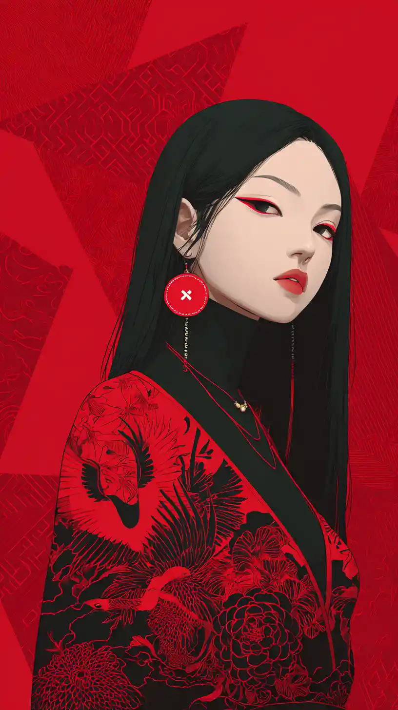 Elegant anime woman in red kimono against crimson geometric background