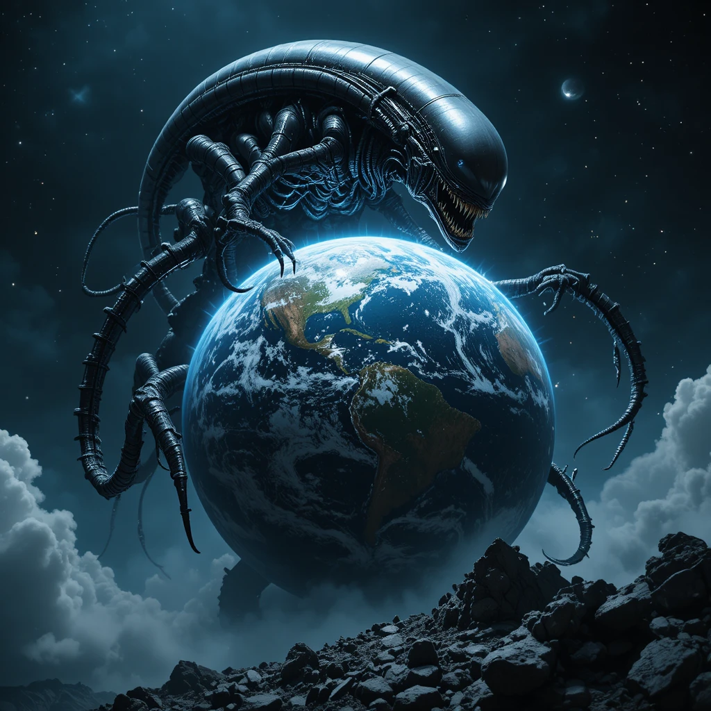 Gigantic alien clutching fragile Earth in deep space