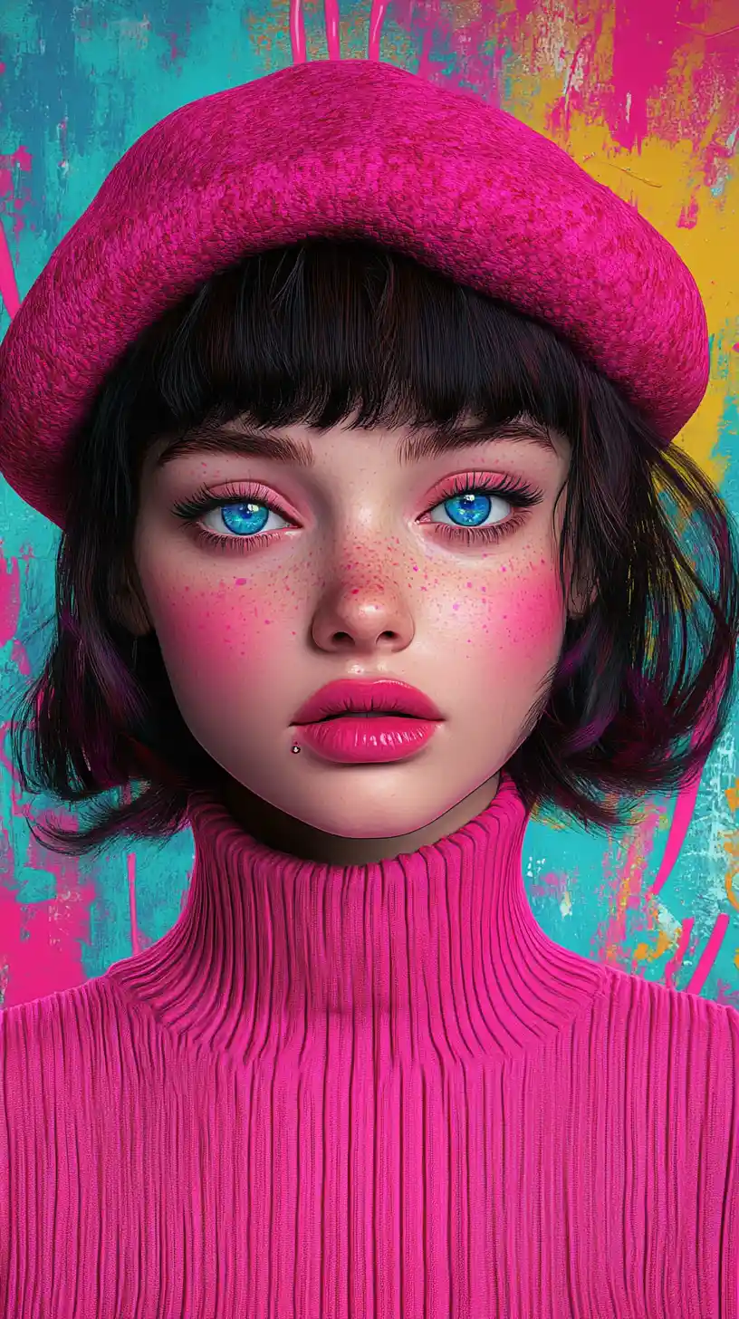 Young girl in pink beret with electric blue eyes