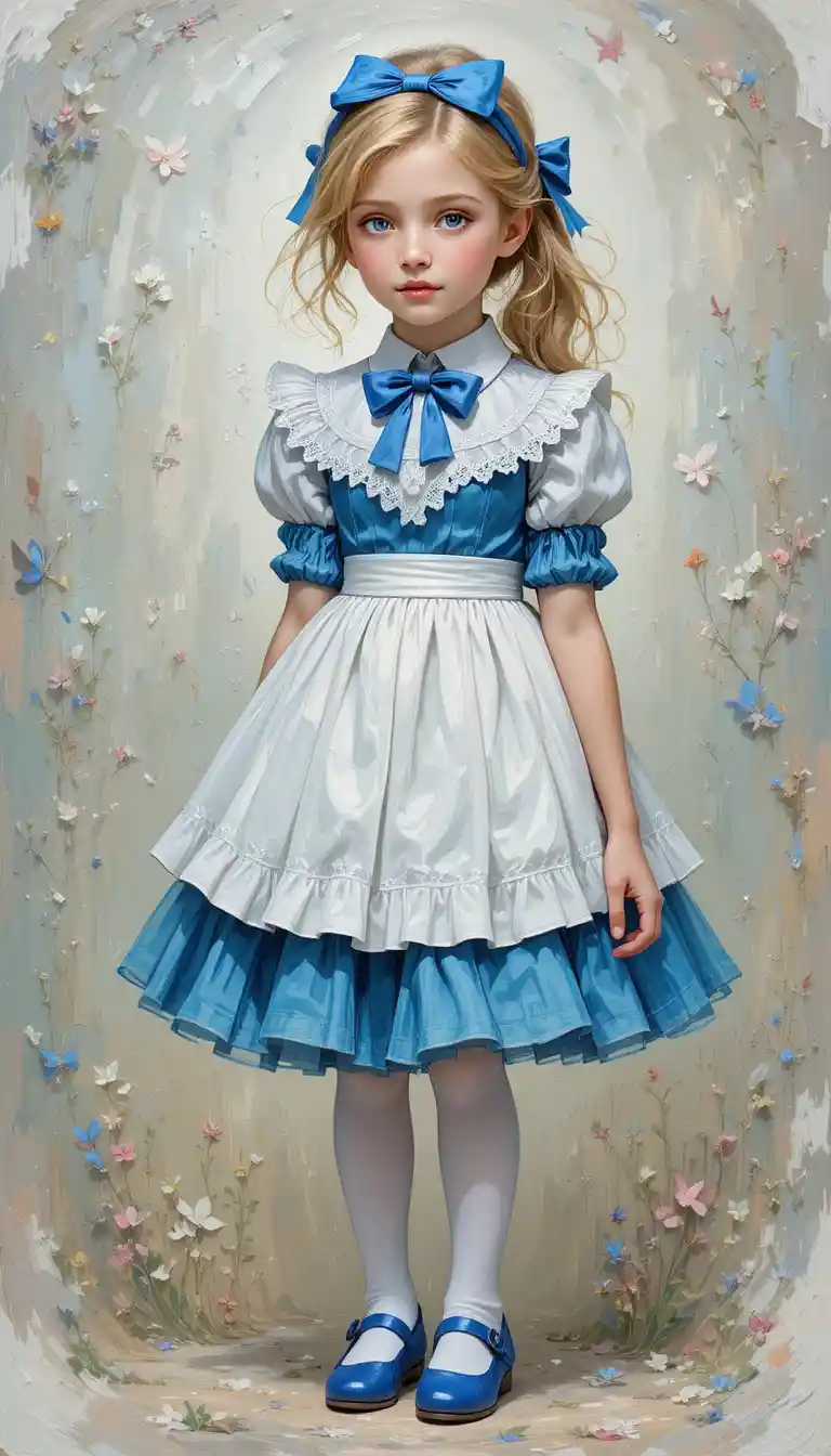 Whimsical portrait of a blonde girl in blue and white