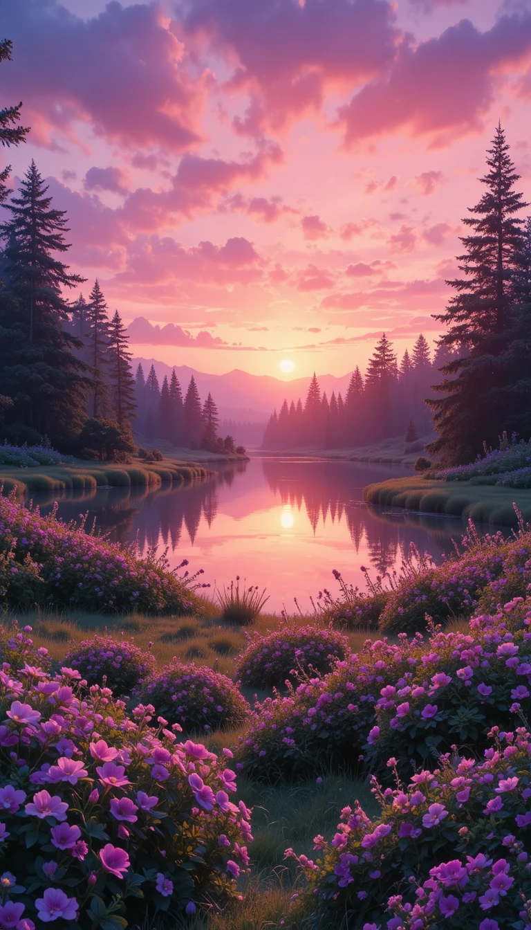 Pink and lavender sunset over a tranquil forest lake