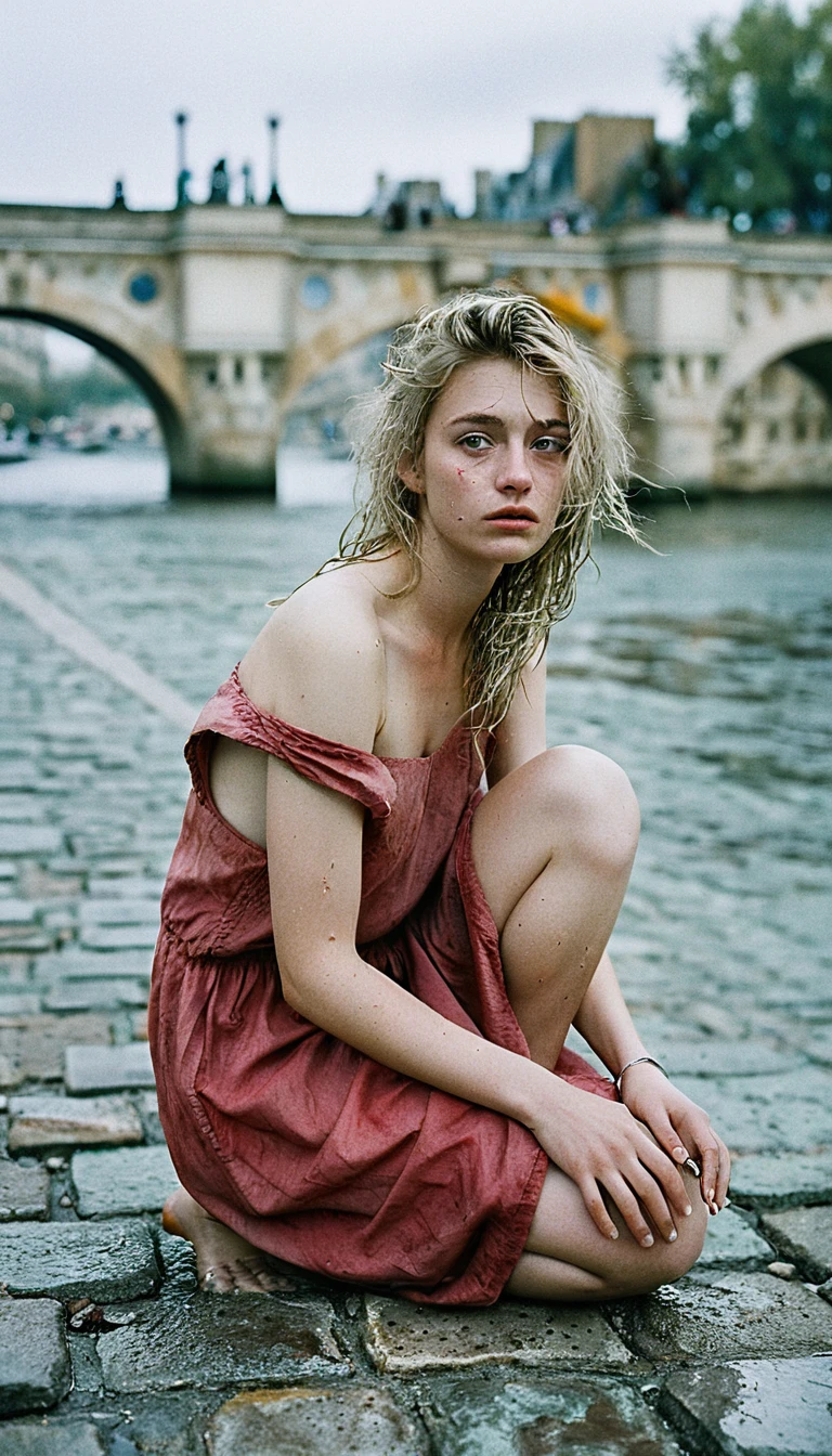Melancholic girl by the Seine in soft overcast light
