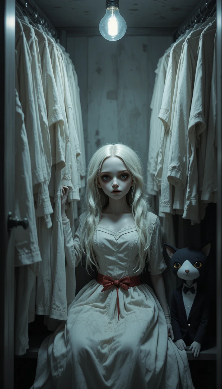 Spooky porcelain doll hiding in a dimly lit closet corner
