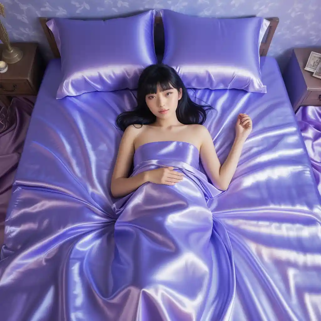 Japanese woman lying on shiny lavender satin bed sheets