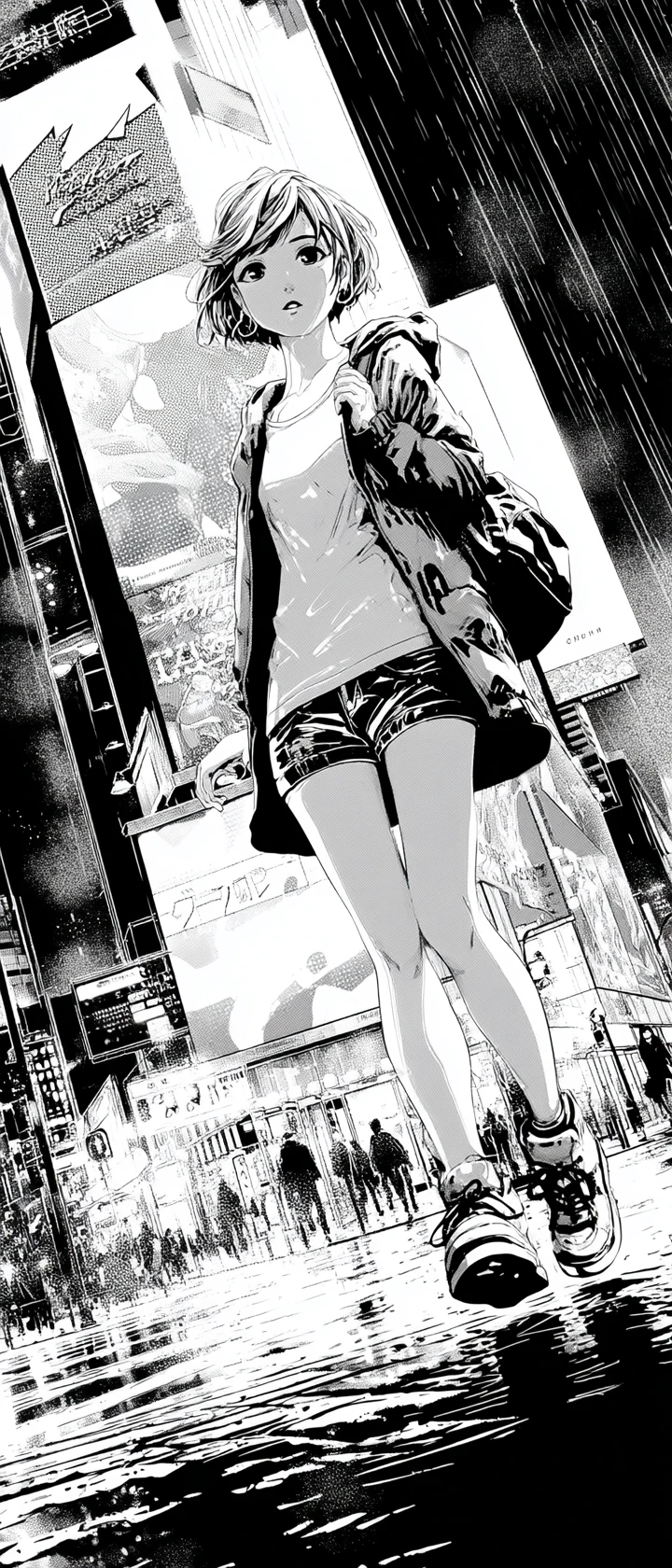 Ragazza anime che esce dalla pagina del fumetto in una città al neon sotto la pioggia