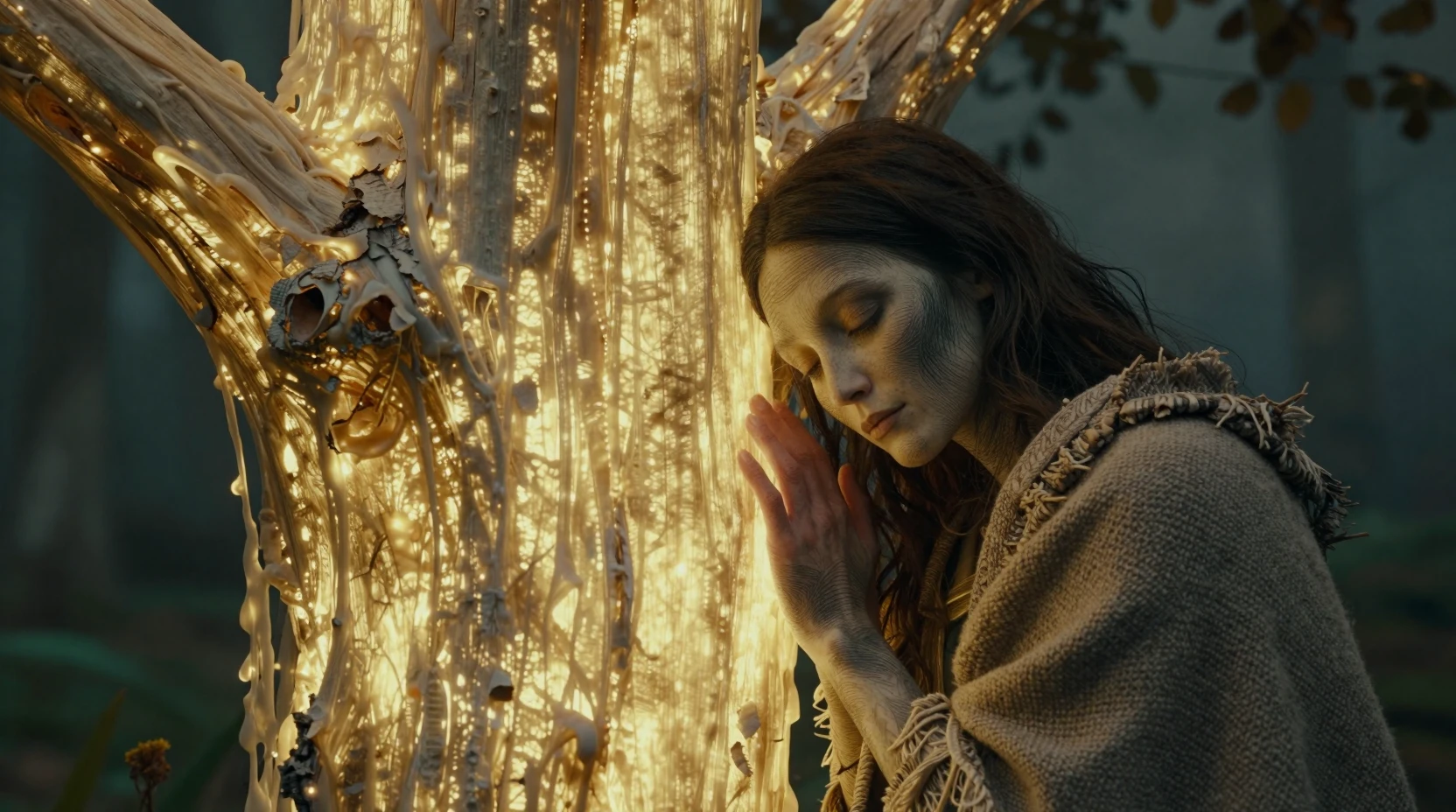 Traveler resting calmly against a glowing alien tree