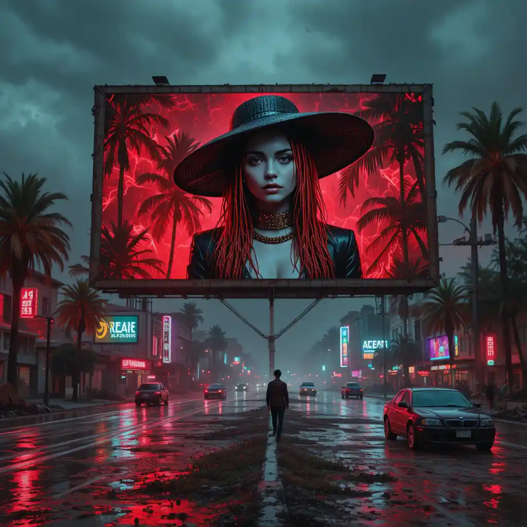 Surreal cyberpunk woman on decaying billboard above highway