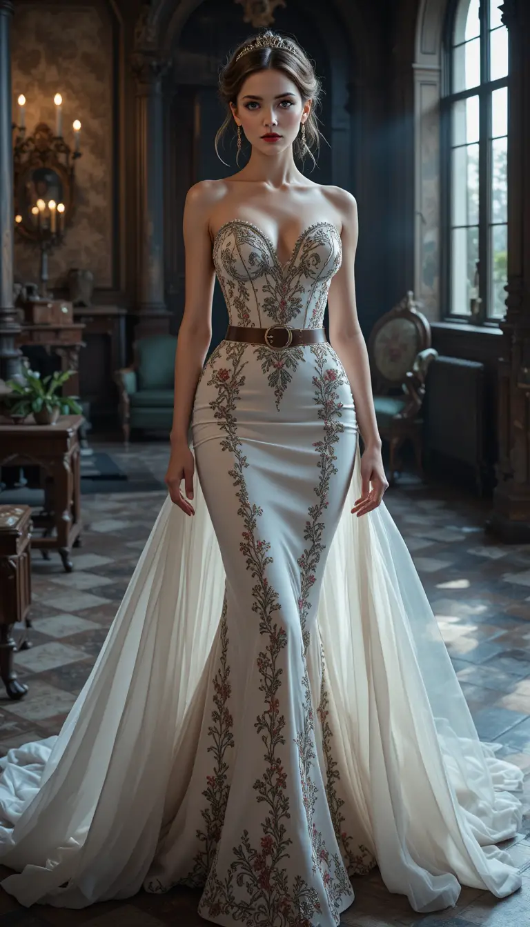 Elegant woman in embroidered evening gown in gothic interior
