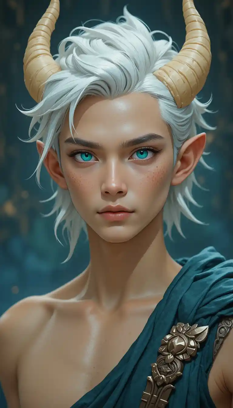 Young fantasy man with white hair and deer horns
