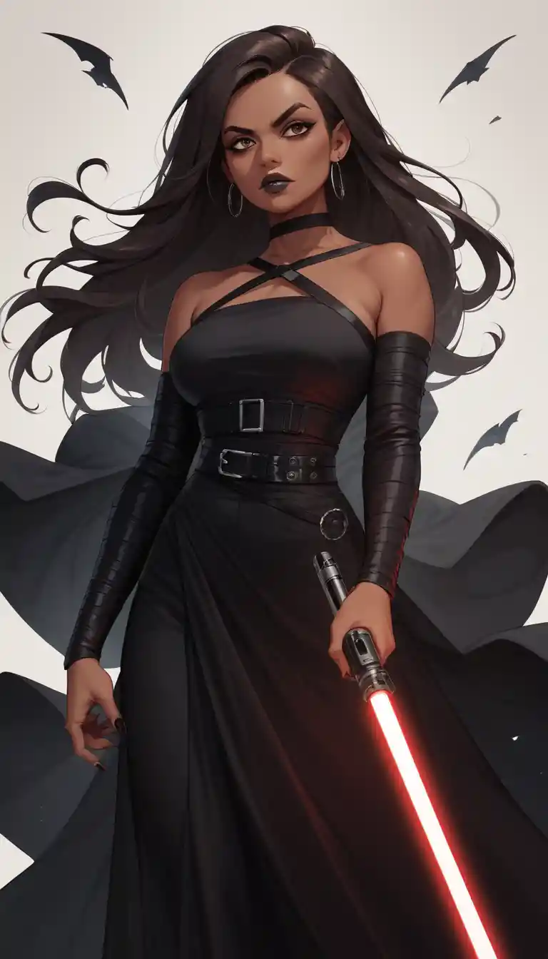 Brown skinned female sith lord with red lightsaber