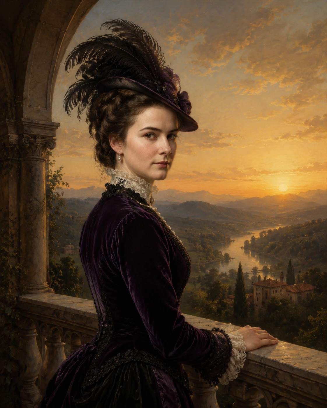 Victorian woman in purple by a sunlit marble balcony