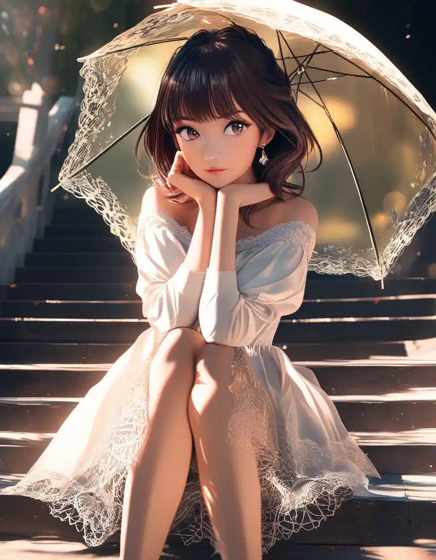 Thoughtful young woman in yellow sundress on outdoor steps