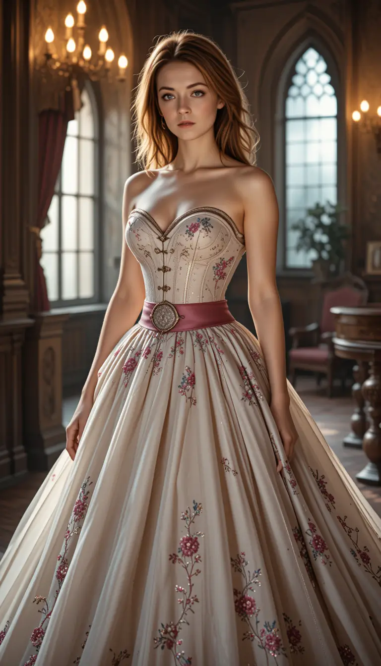 Elegant woman in corset ball gown in gothic interior