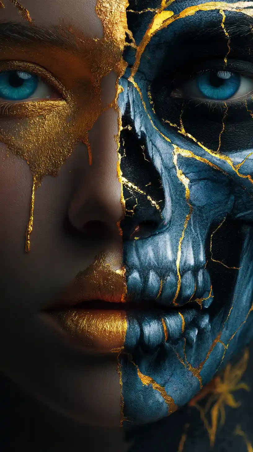 Surreal split face portrait with glowing core and gold cracks
