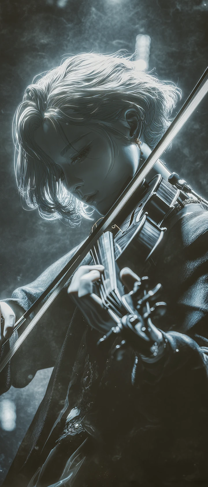 Anime violinist on stage with a mysterious unseen guide