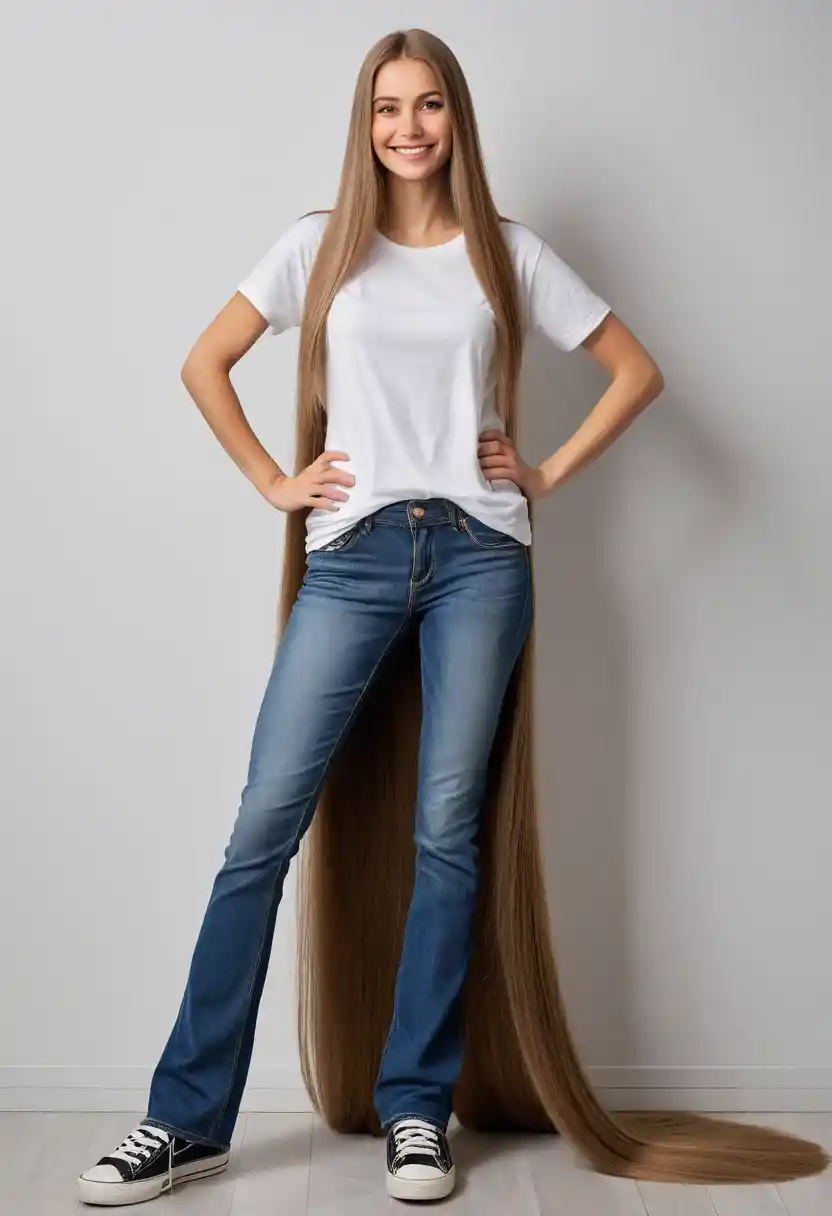 Young woman in side profile with extremely long floor length hair