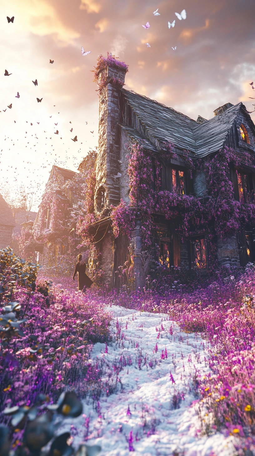 Surreal spring village melting into watercolor blossoms