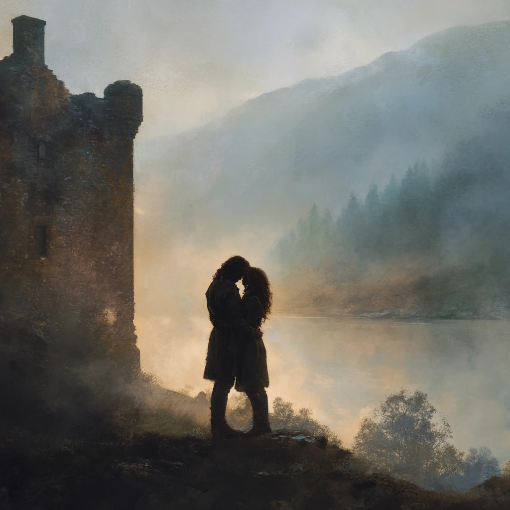 Lovers Embrace In Ruined Castle Above Misty Loch