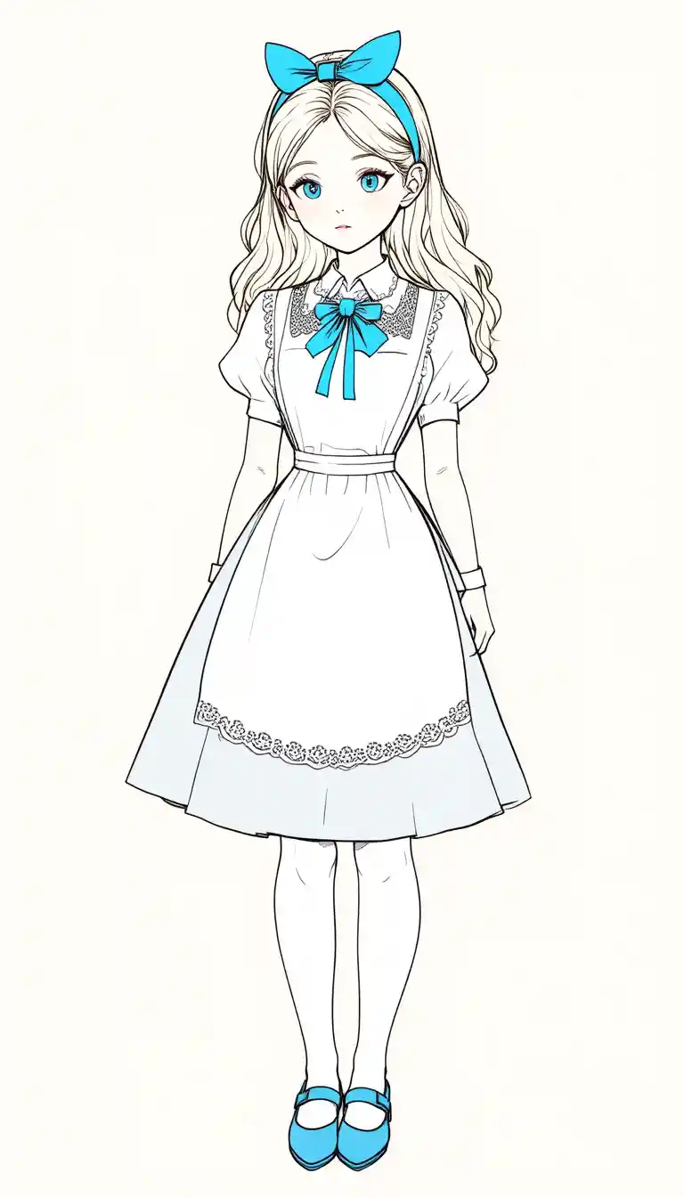 Whimsical portrait of a young blonde girl in blue and white