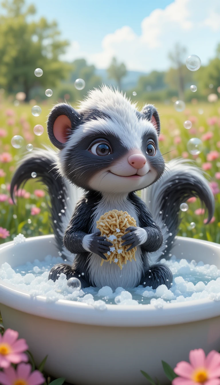 Cute skunk bathing in a tub amid spring flowers