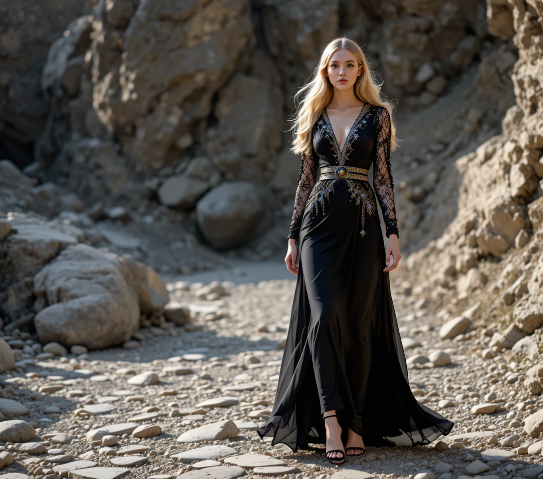 Blonde model in gold evening dress on rocky runway