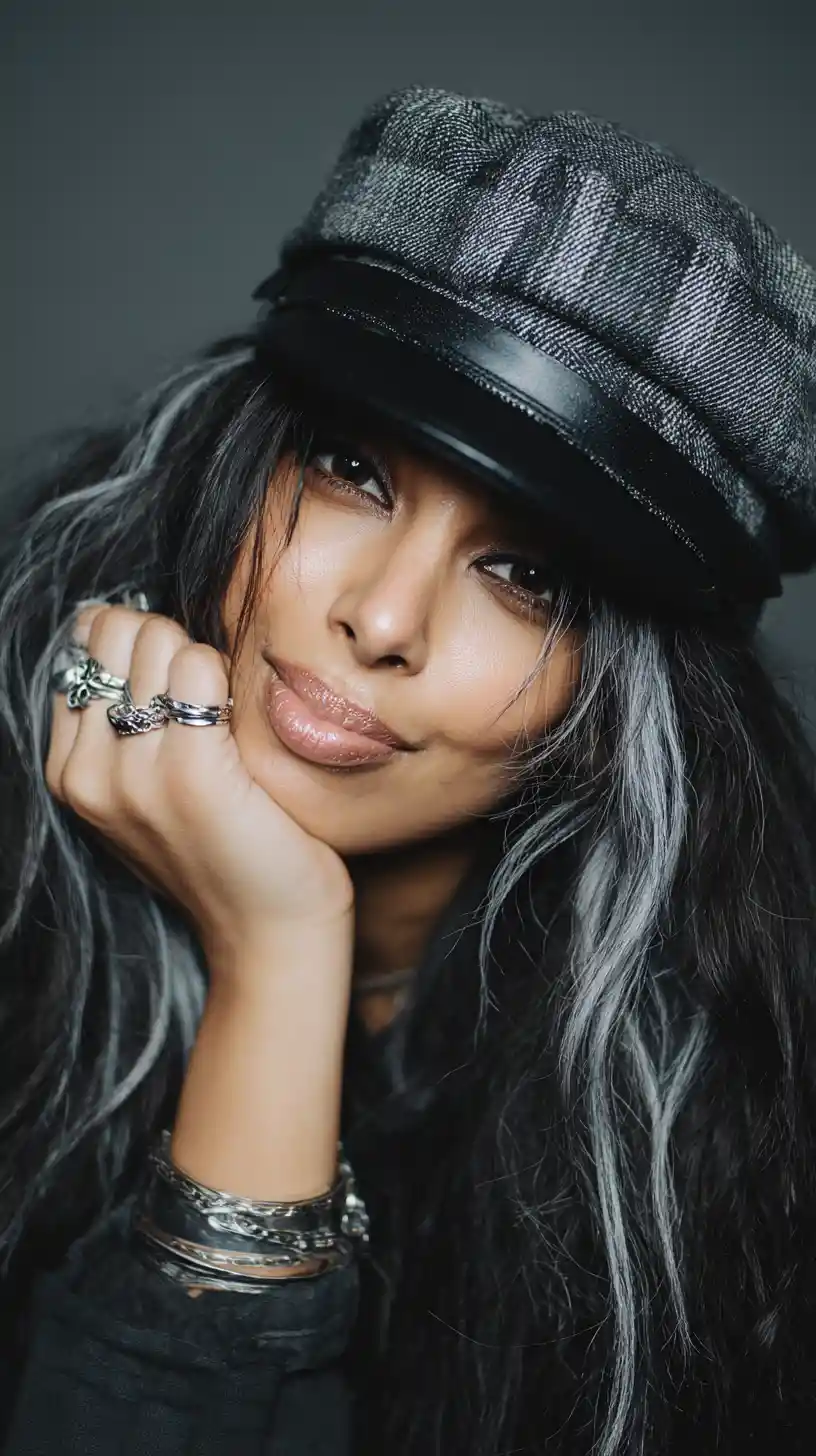 Playful woman in cap leaning toward the camera