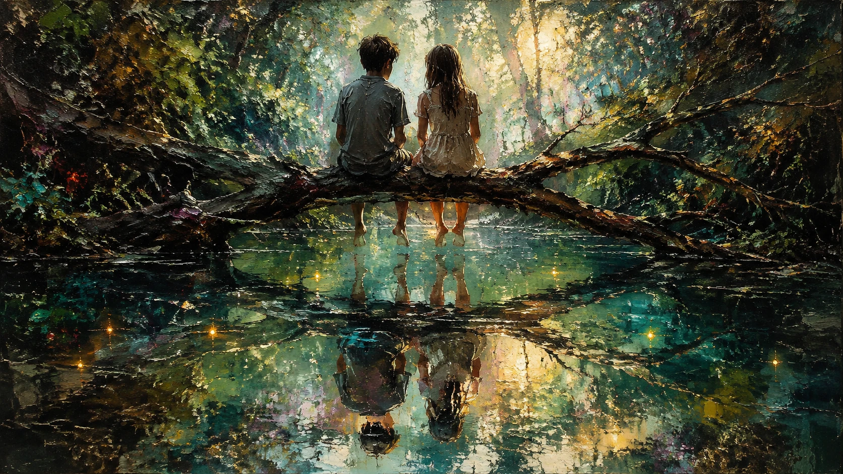 Boy and girl on a tree branch above glowing pond