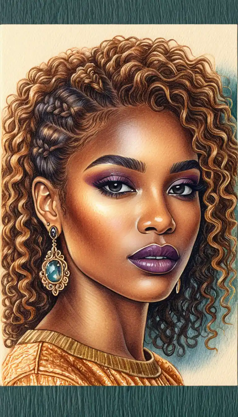 Close up portrait of a woman with curly highlighted hair