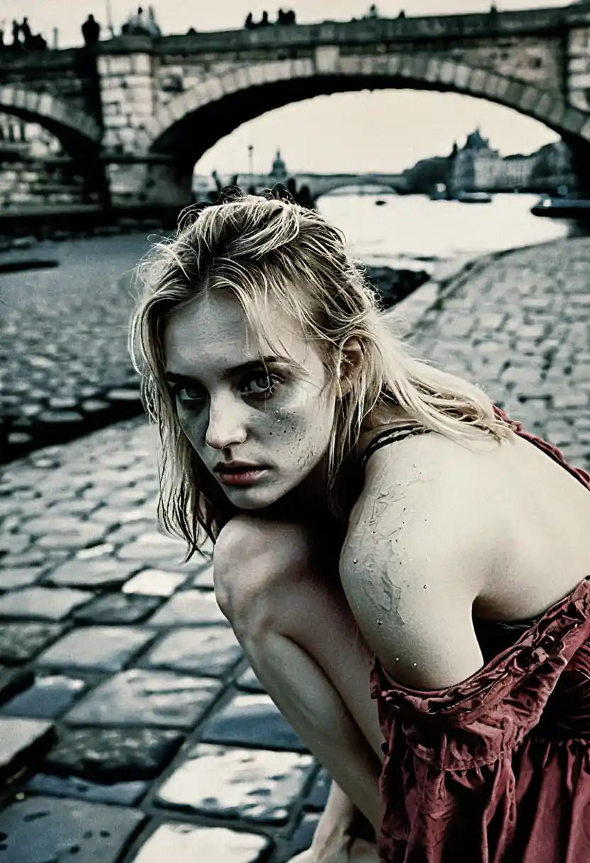 Young woman in tears by a stone riverside bridge