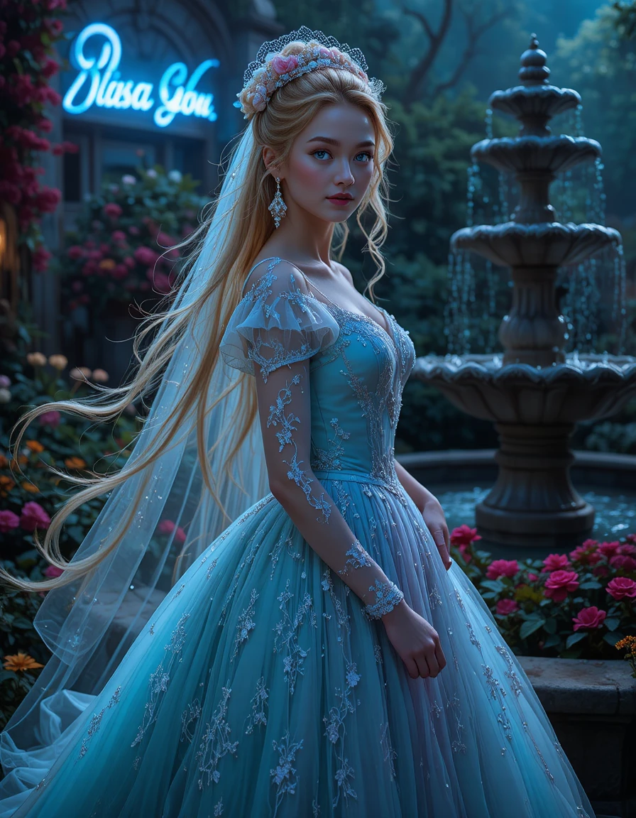 Victorian bride in pale blue gown in floral garden