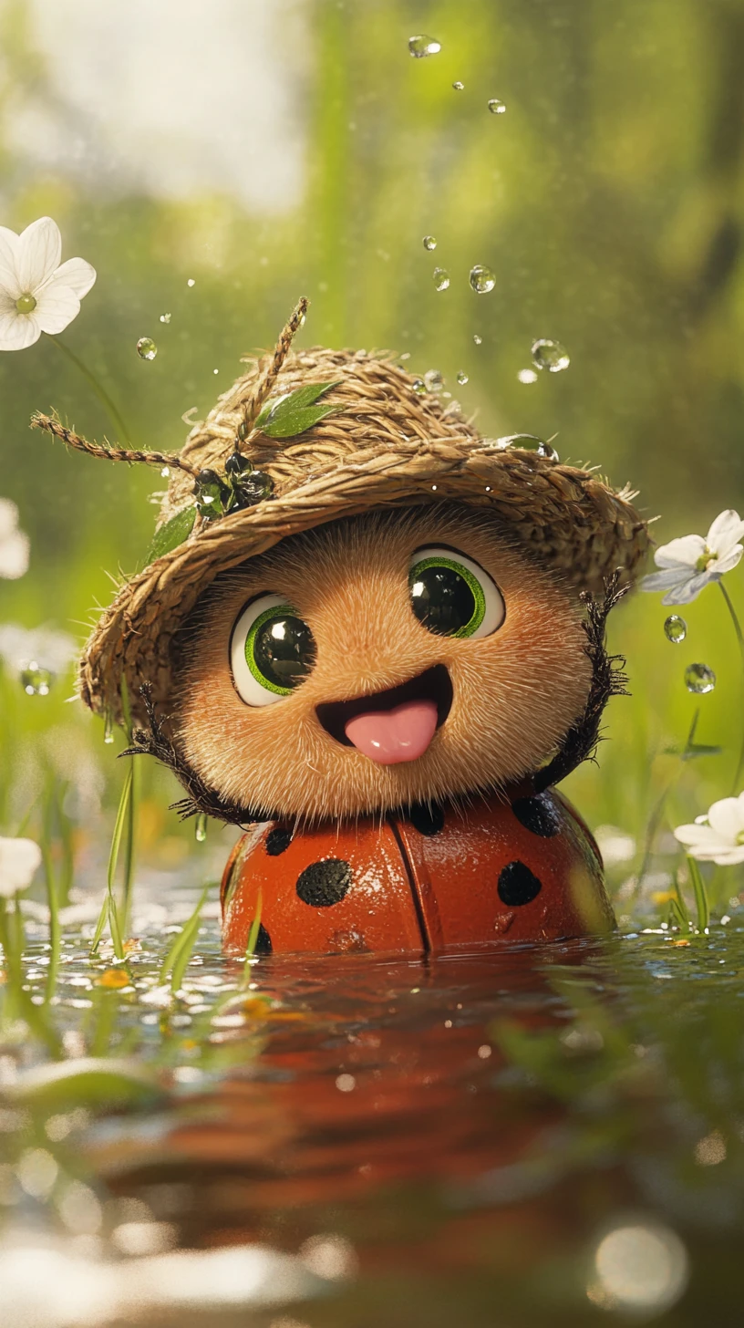 Coccinelle 3D joyeuse dans un étang avec des fleurs