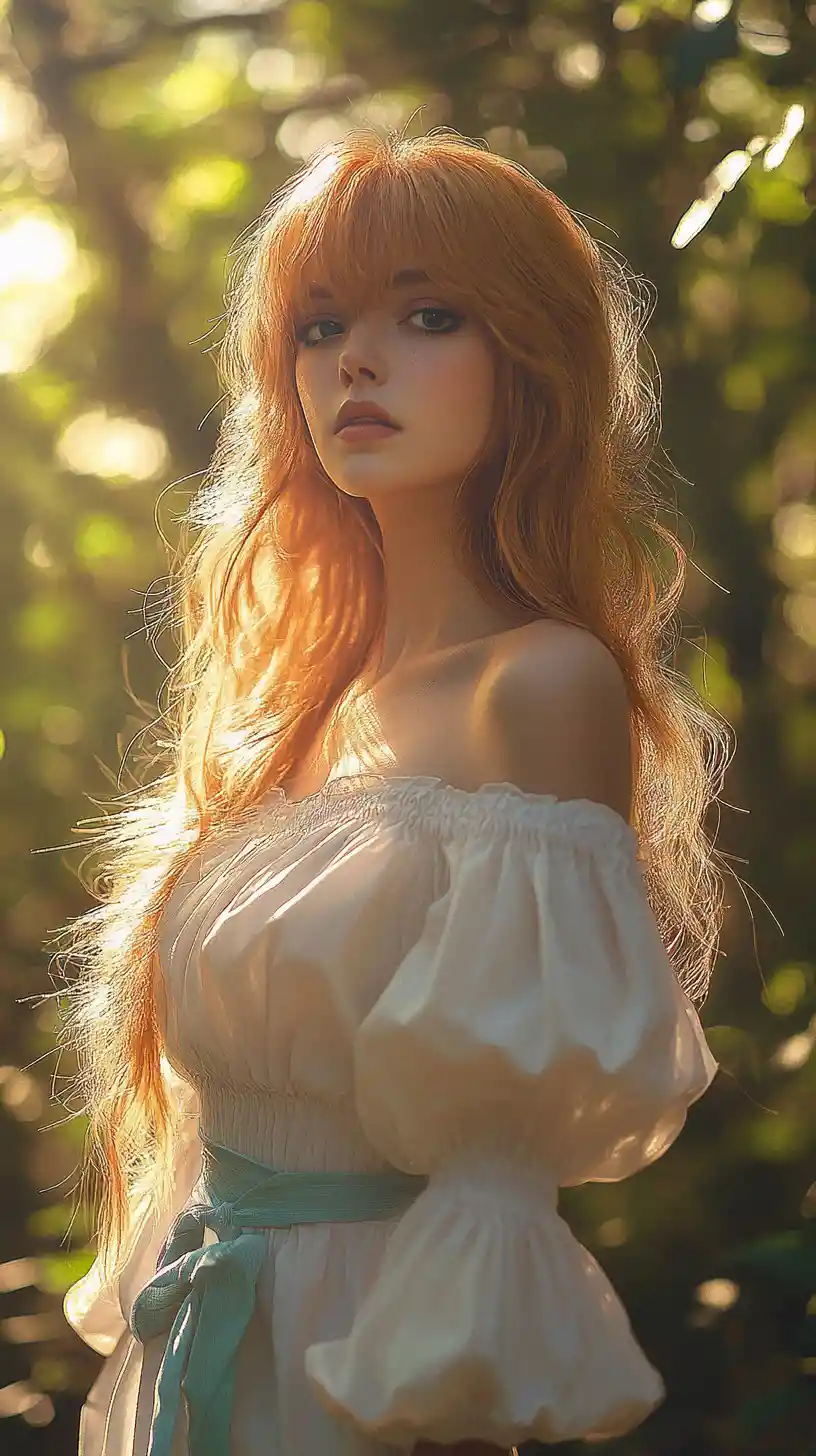 Ethereal anime woman in sunlight within a lush forest