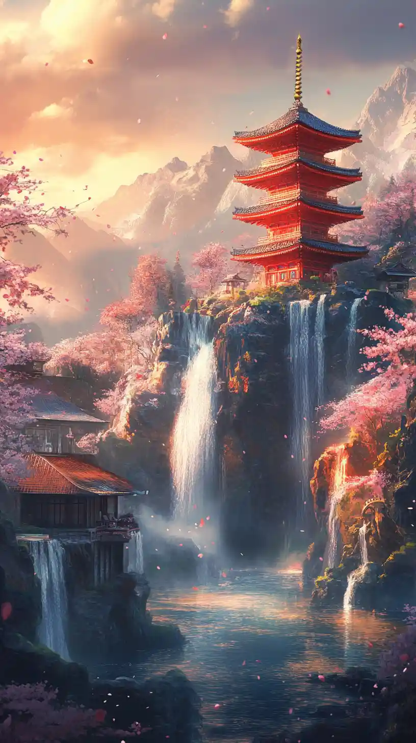 Japanese pagoda and teahouse amid waterfalls on scroll