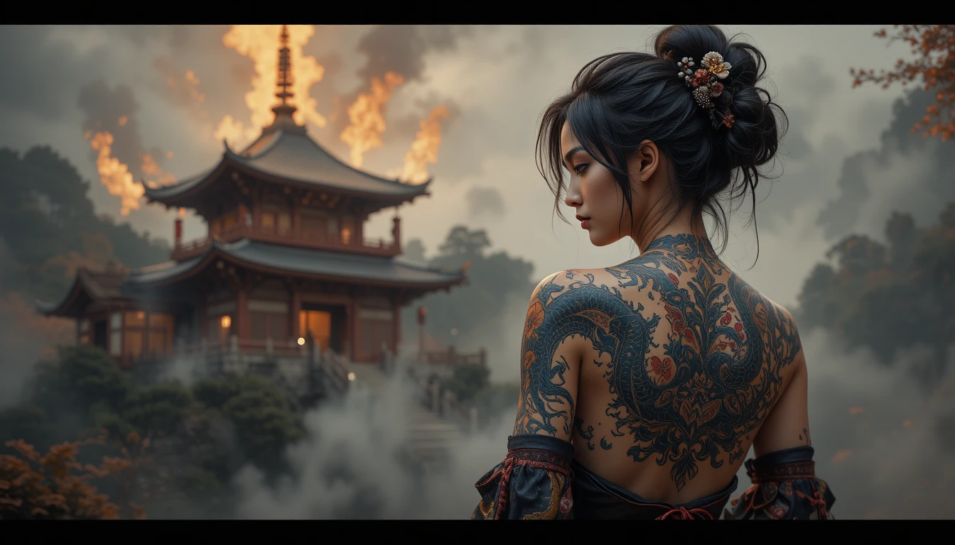 Japanese woman with dragon tattoo before blazing dragon