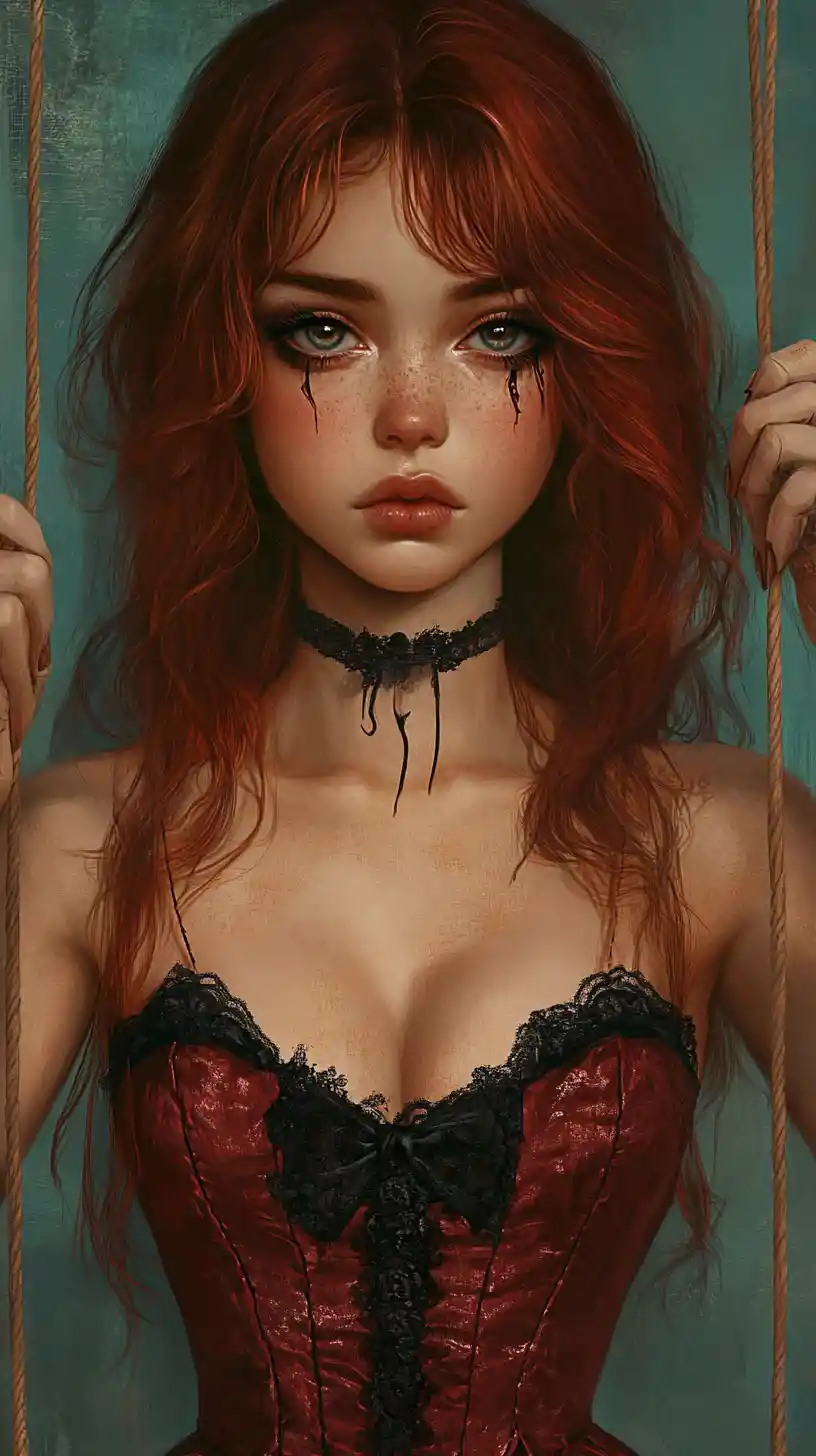 Marionette woman with tear stained cheeks in red corset