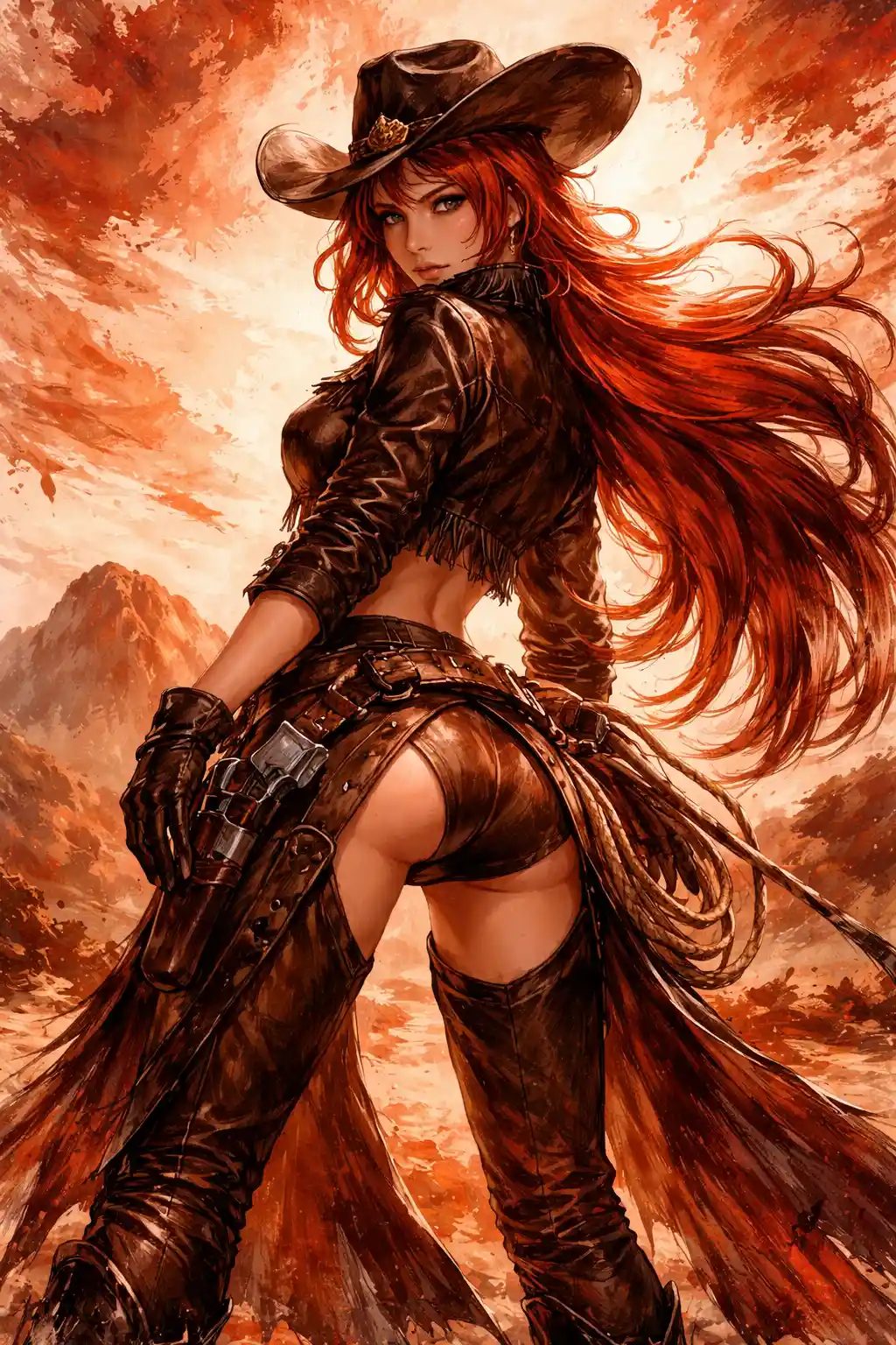 Cowgirl warrior in red desert at sunset looking over shoulder