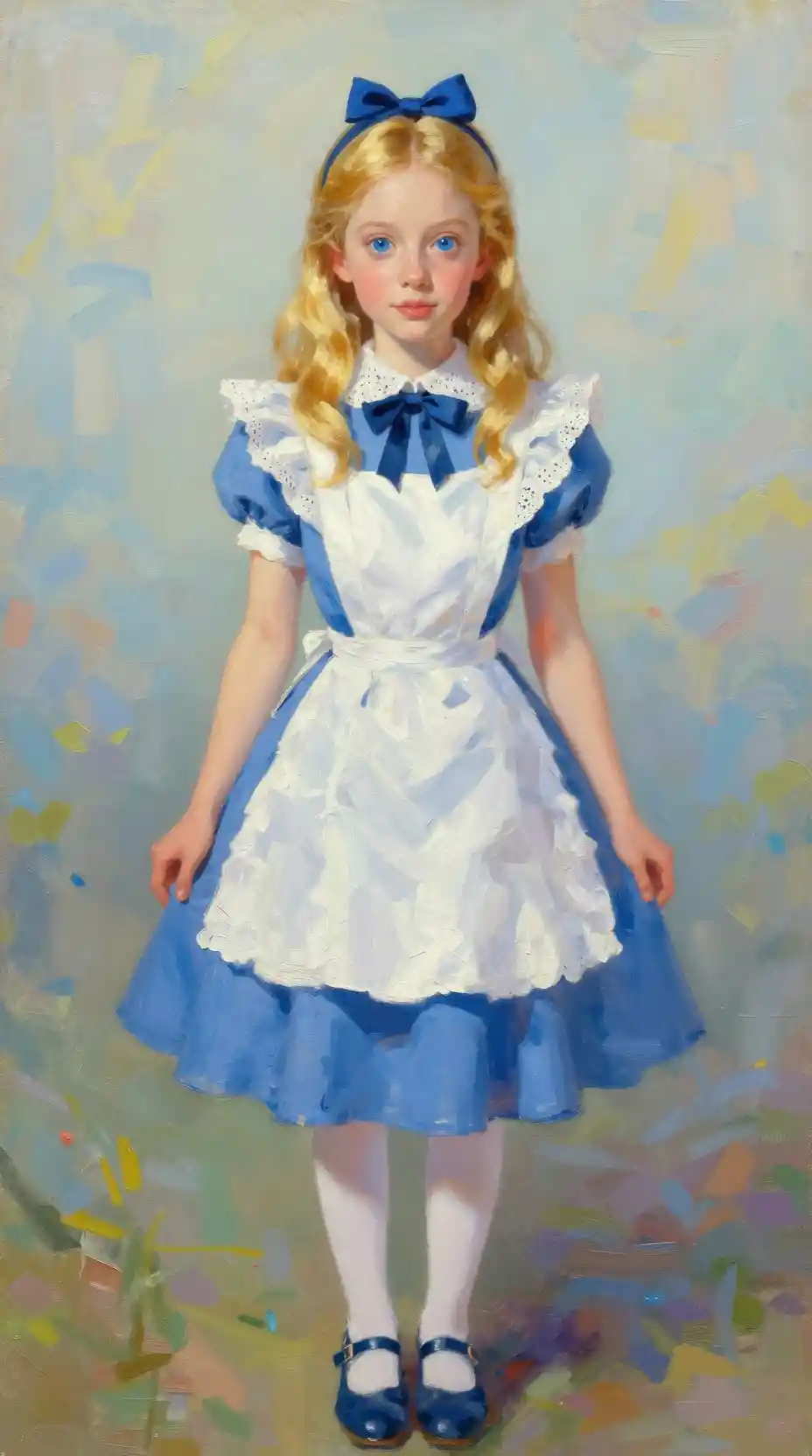 Whimsical portrait of a blonde girl in blue and white