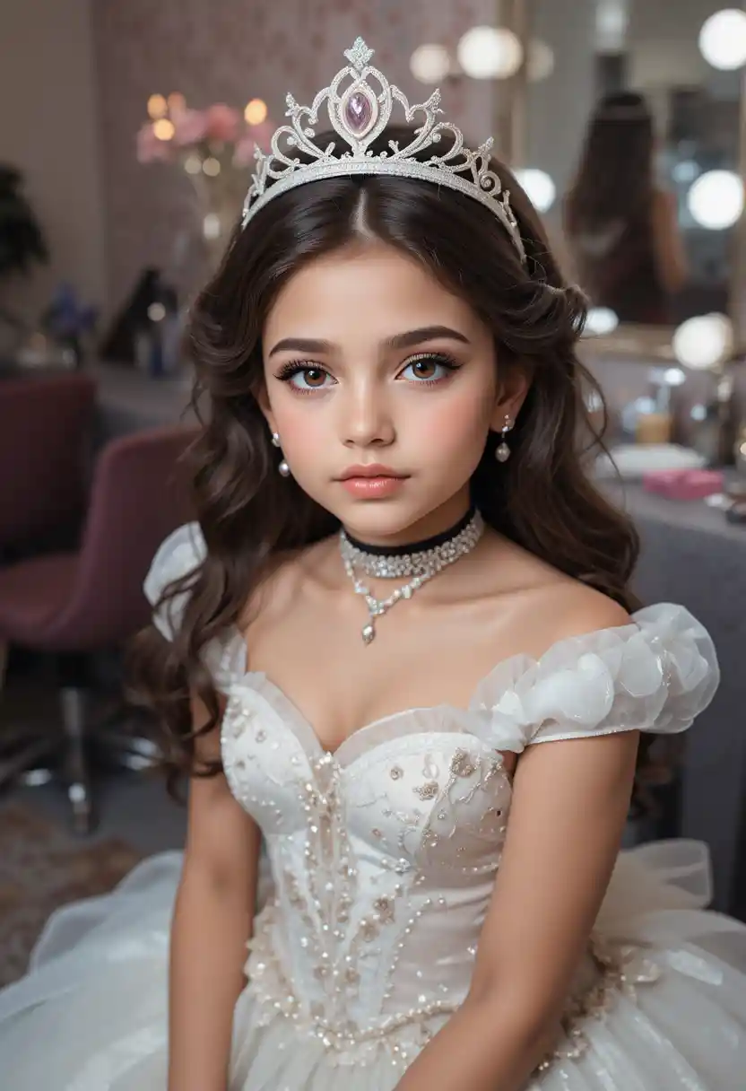 Young boy dressed as a princess at a backstage vanity